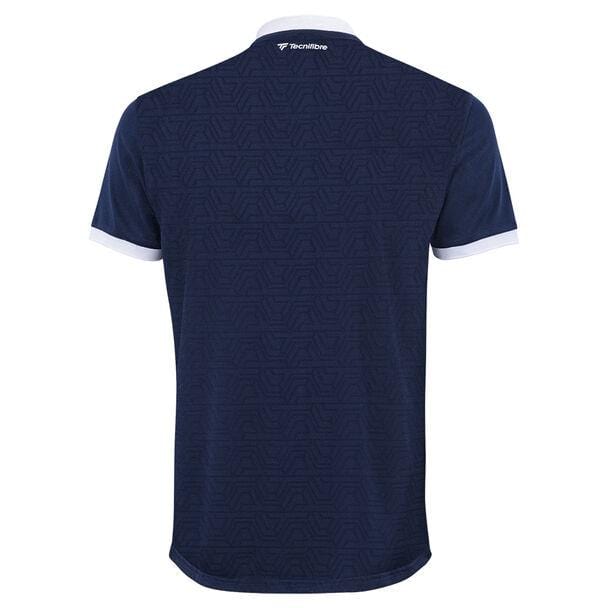 The back of the Tecnifibre Men's Team Tennis Mesh Polo Shirt in Marine showcases a navy blue short-sleeved design with a subtle geometric pattern. It features white trim on the collar and sleeves, made from lightweight polyester mesh, and has a small Tecnifibre logo near the neckline.