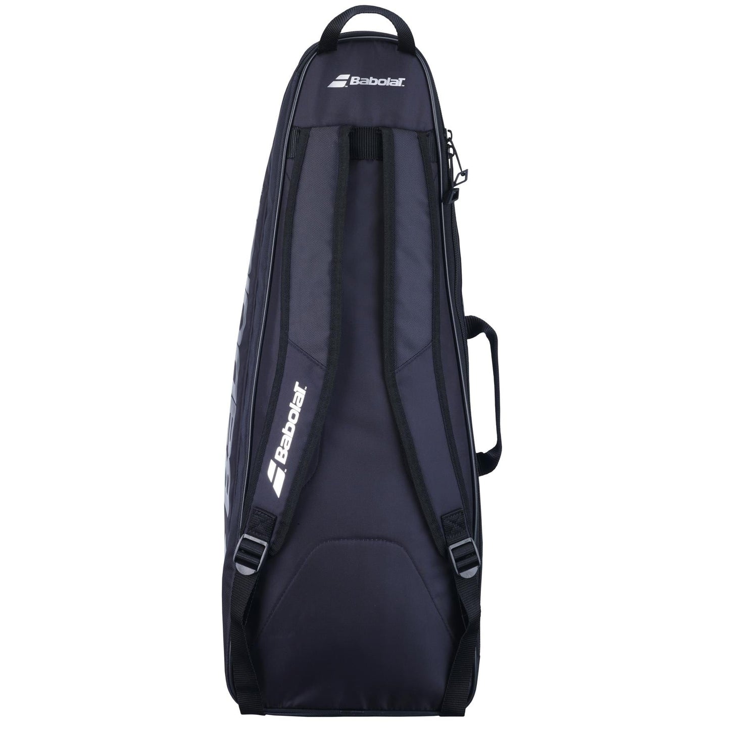 The Babolat Backrack 3 Tennis Bag in black is displayed from the back, highlighting its two shoulder straps and a convenient side handle for easy carrying. Made from recycled polyester, this stylish design prominently features the Babolat logo.