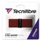 The packaging for the Tecnifibre Leather Replacement Tennis Grip - Brown prominently features a genuine 1.5 mm leather grip designed to provide players with an optimal hold. The pack is predominantly white with black and purple accents, showcasing the Tecnifibre logo and "Accurate Sensations" text for an authentic feel.