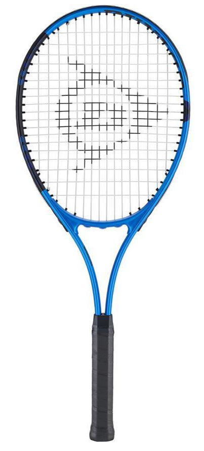 The Dunlop FX Start 27 Tennis Racket in blue, ideal for juniors or beginners, features PowerBoost technology, black strings and handle, and a central spiral logo. Its sleek design ensures enhanced performance.