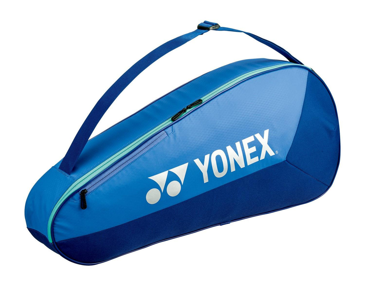 The Yonex 42523EX Team 3 Racket Tennis Bag in Blast Blue features a shoulder strap and high-quality YKK zippers, with a white Yonex logo on the side. It is designed to hold sports gear like tennis or badminton rackets.