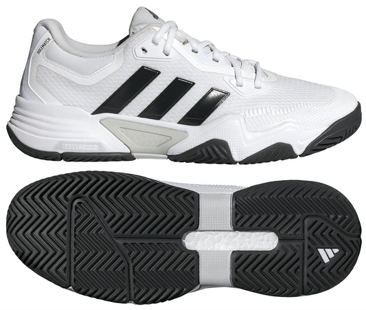 A pair of ADIDAS Solematch Control 2 Men's Tennis Shoes in white, showcasing black stripes and gray soles. The upper shoe side highlights the design and laces, while the lower shoe displays the adidas textured sole pattern for optimal court performance.