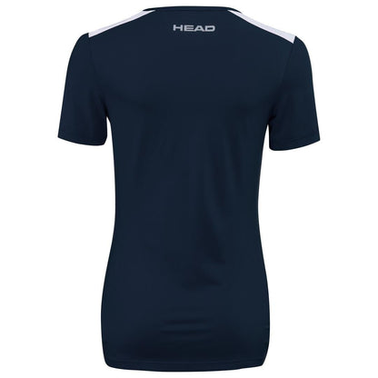 Back view of the HEAD Womens Club Tech 22 Tennis T-Shirt in dark blue. This athletic shirt has short sleeves and white shoulder accents, with the brand name “HEAD” printed prominently in white on the upper back. It features MXM Technology for enhanced comfort.