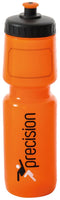 The Precision 750ml Water Bottle - Orange features a vibrant orange body paired with a sleek black screw top, with the word "precision" stylishly displayed vertically next to a small figure icon. Its textured surface is designed for an optimal grip, making it ideal for active use.