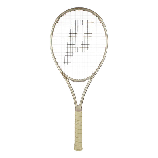 The Prince O3 Legacy 105 2025 Tennis Racket in gold features a sleek design with a "P"-centered 16x19 string pattern and a slightly textured grip for optimal control, inspired by O3 Legacy racquets.