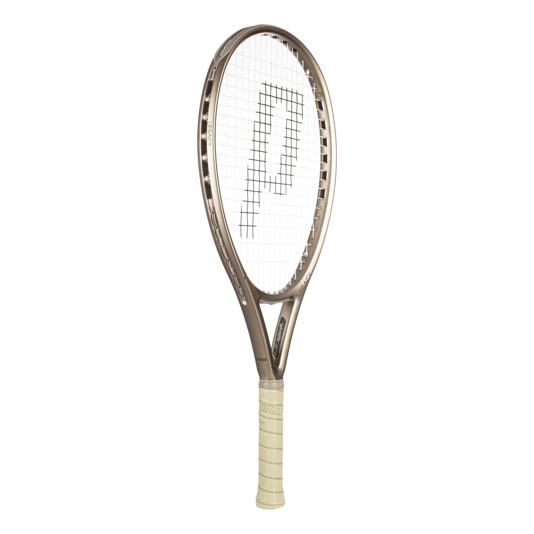 The Prince O3 Legacy 120 2025 Tennis Racket - Gold, featuring TeXtreme technology for enhanced stability, has a metallic frame and white grip with the letter "P" on the strings and is positioned vertically against a plain white background.