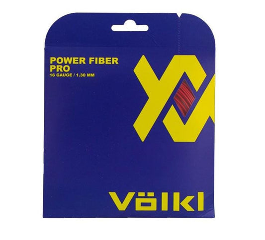 The Volkl Power Fibre Pro Tennis String Set, featuring a striking blue and yellow packaging, prominently displays the brand logo and product details in bold lettering. Known for its high durability, this 16 gauge/1.30 mm string set is a preferred choice among serious players seeking reliable performance.