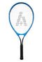 The Ashaway 23 Junior Tennis Racket in blue, from the brand Ashaway, showcases a geometric logo on the string bed. Its aluminium strings create a unique pattern, exemplifying high-quality children's tennis equipment as it stands upright against a white background.