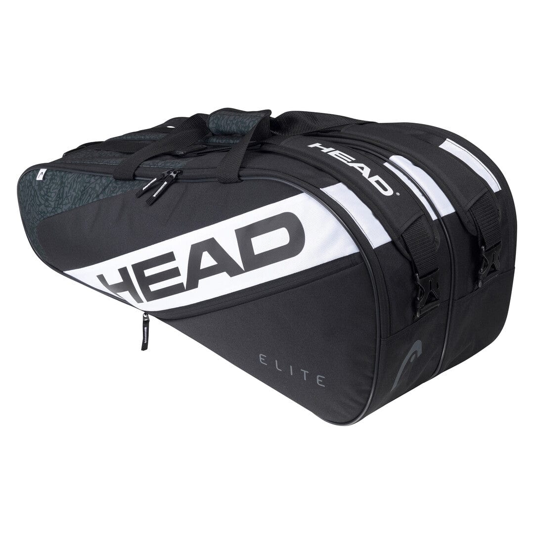 Introducing the HEAD Elite 9R Tennis Racket Bag in Black White, a stylish tennis bag adorned with the prominent "HEAD" logo on its side. This spacious combi bag features two main compartments and durable shoulder straps for easy carrying, combining functionality and flair as you head to the court.