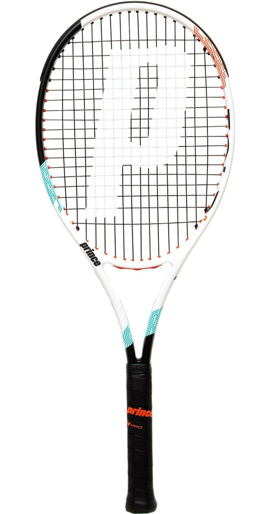 Introducing the Prince Tour 100 290g Tennis Racket, distinguished by its crisp white frame and accented with blue and orange details. This racket is designed for power and precision, featuring a black grip and strings, with the iconic white "P" logo prominently displayed on the strings. The brand name "Prince" elegantly adorns the throat, ensuring control and feel for each swing.