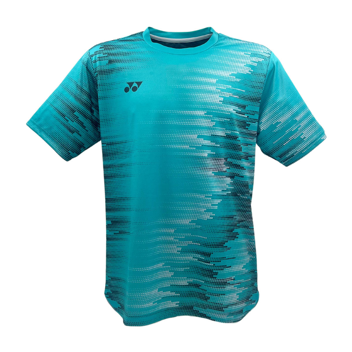 Check out the Yonex YTM7 Men's Tennis T-Shirt in teal. Made from moisture-wicking polyester, this short-sleeve shirt sports a pixelated gradient design in white and dark blue with a small black logo on the left chest, offering both style and comfort for your game.