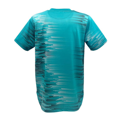 The Yonex YTM7 Men's Tennis T-Shirt in teal showcases a digital wave pattern in blue and black, made from moisture-wicking polyester for court comfort. The design decorates the upper and lower areas, featured on a plain white background.