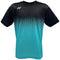 The Yonex YTM5 Men's Tennis T-Shirt in turquoise and black features a gradient design with moisture-wicking polyester to keep you dry. A small white logo is elegantly placed on the upper left side.