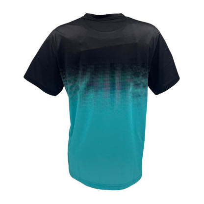 Introducing the Yonex YTM5 Men's Tennis T-Shirt in Turquoise/Black—made from moisture-wicking polyester, this short-sleeve sports tee offers a stylish black-to-turquoise gradient. Its lightweight design enhances comfort and style, ideal for athletics, with a sleek back view for elegance.