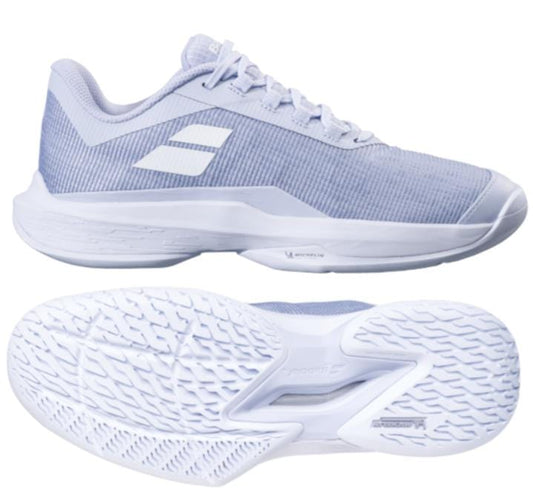 Introducing the ultra-lightweight Babolat Jet Tere 2 2024 Women's Tennis Shoes in Xenon Blue and White, featuring a textured mesh upper and a sleek white sole. The lace-up closure and subtle logo design provide comfort and stability, while the tread pattern enhances traction on any surface.