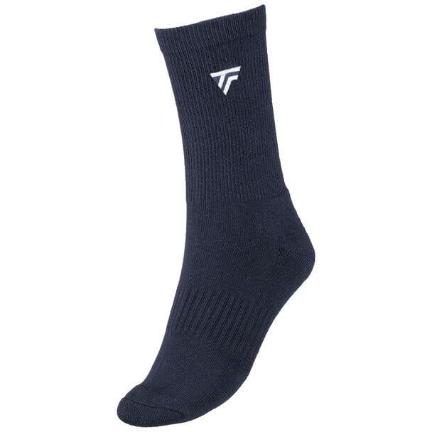 A single sock from the Tecnifibre Men's Classic Tennis Socks (3 Pack) in marine, featuring a white geometric logo near the top. Designed for racket sports, this sock offers ultimate comfort and is depicted against a plain white background.