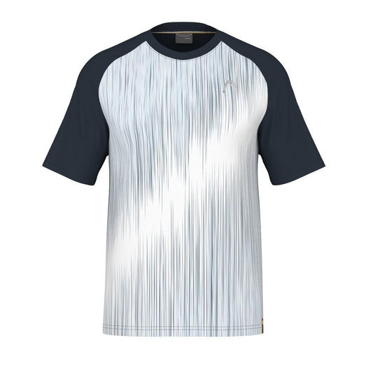 Introducing the HEAD Performance Men's Tennis T-Shirt - XPNV, a high-performance garment featuring a white body adorned with a vertical streak pattern, complemented by contrasting dark sleeves and collar. This shirt is enhanced by Moisture Transfer Microfibre technology for optimal performance and style, finished with a subtle logo on the chest for added flair.