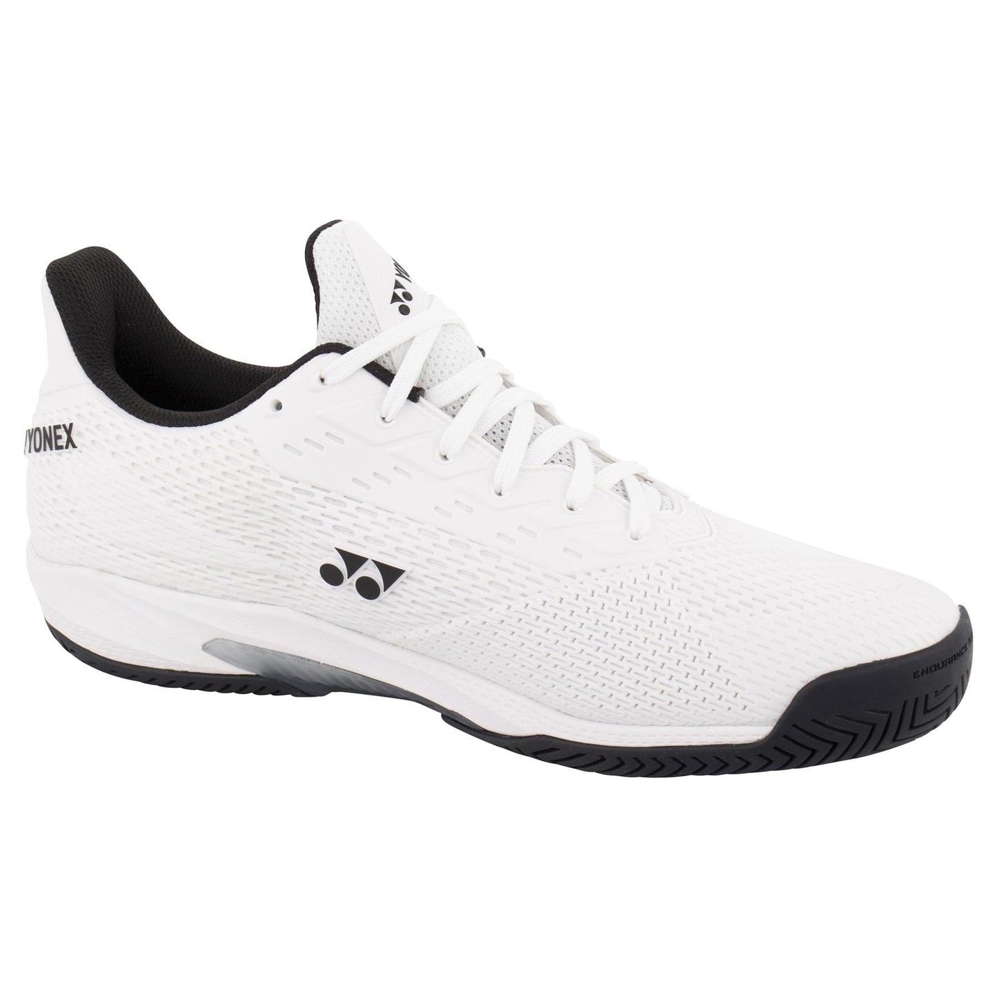 The Yonex Power Cushion Ad-Accel Men's Tennis Shoes in White and Black are designed for optimal performance. These athletic shoes feature a breathable mesh design, with black accents such as a logo on the side and tongue. The textured black sole provides excellent grip, while the innovative Accel-Booster technology ensures explosive speed. They are completed with white laces for a sleek look.