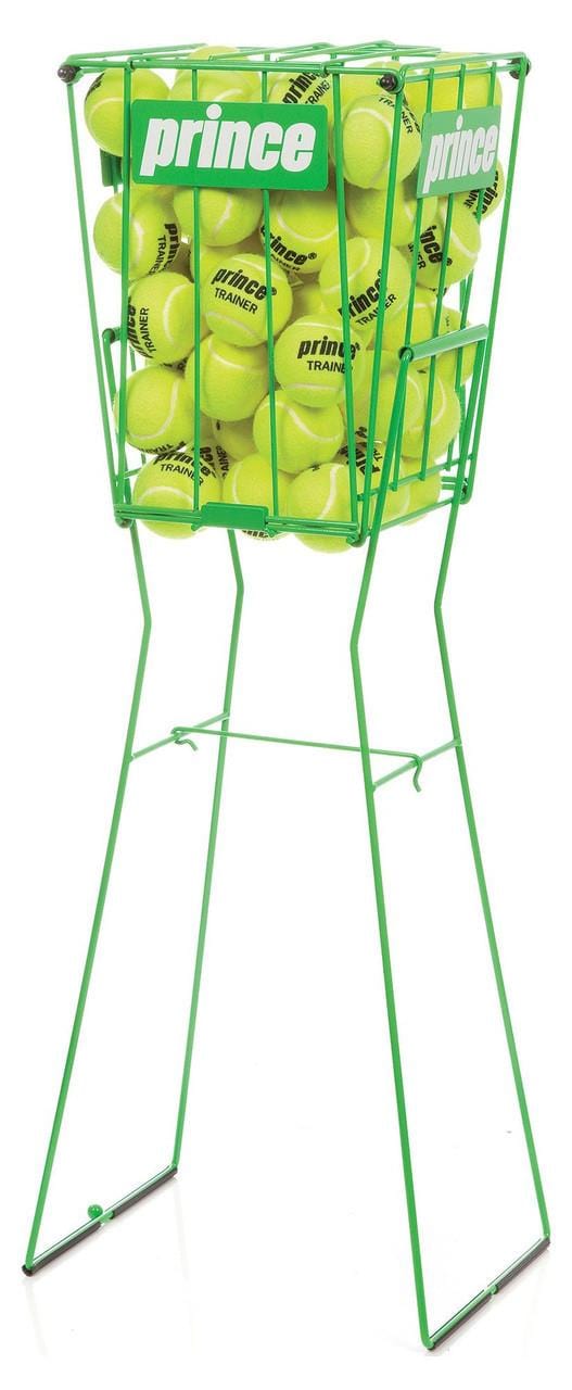 The Prince 70 Tennis Ball Basket in green, filled with yellow tennis balls and featuring a foldable base, is essential court equipment.