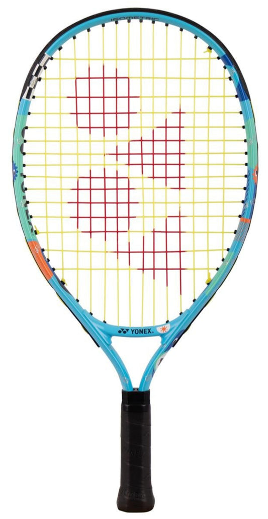 The Yonex Junior 19 Tennis Racket - Ocean Blue features a 19-inch aluminum frame with a black handle and a vibrant blue and orange design. It has strings with red logos on white, ideal for young aspiring players.