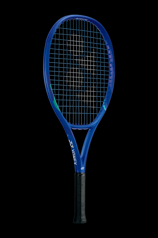 The Yonex EZONE 25 Junior Graphite 2025 Tennis Racket in Blast Blue features an isometric frame and a black grip, with white logos on the frame, all against a black backdrop.