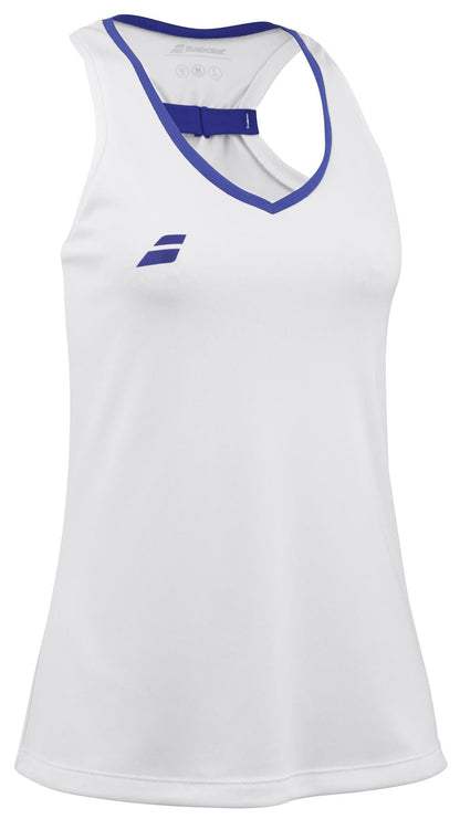 The Babolat Play Women's Tennis Tank Top in white features a sleek V-neckline and blue trim, enhanced by Babolat Play technology. Constructed from Fiber Dry-polyester fabric for optimal comfort, it includes a small blue logo on the left chest for added style.