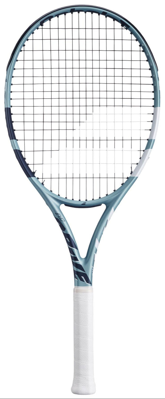 The Babolat EVO Drive Lite Gen 2 Tennis Racket - Blue boasts a sleek design with a blue and white frame, black string grid, and Air Handle Touch white grip tape, perfectly combining style and functionality.