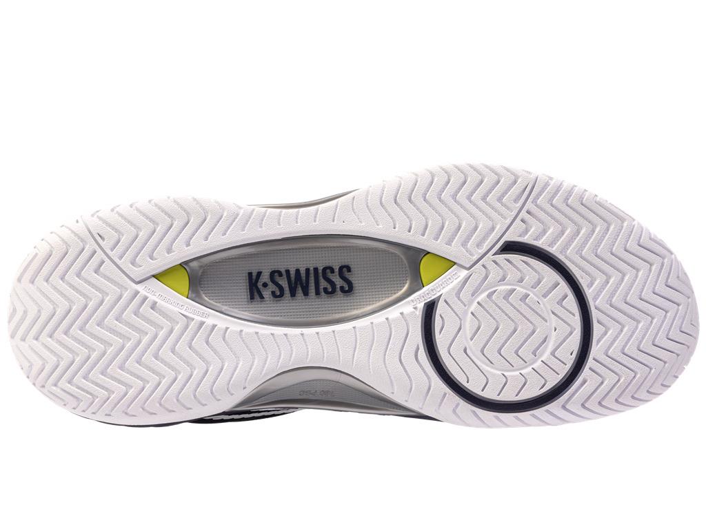 The white sole of the K-Swiss Hypercourt Supreme 2 men's tennis shoes showcases a herringbone tread design, featuring a circular pivot point section. The "K-Swiss" branding is prominently displayed amid the lime accents, with Durawrap X enhancing durability on the court.