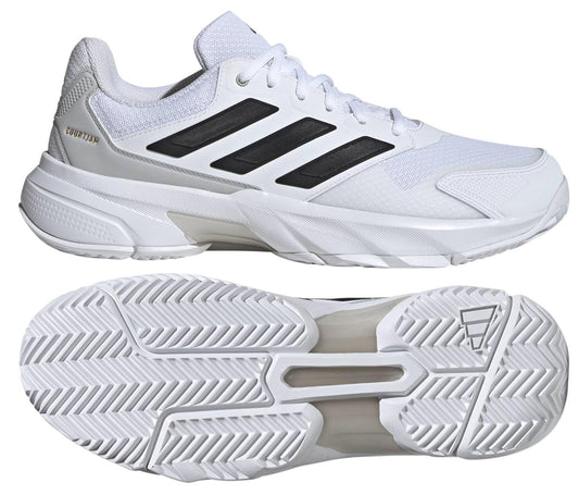 Seen from a side angle and sole view, the adidas CourtJam Control 3 Men's Tennis Shoes feature black stripes, a textured rubber sole, mesh upper, and white laces. Made with sustainable materials, these white tennis shoes are ideal for sports or casual wear.