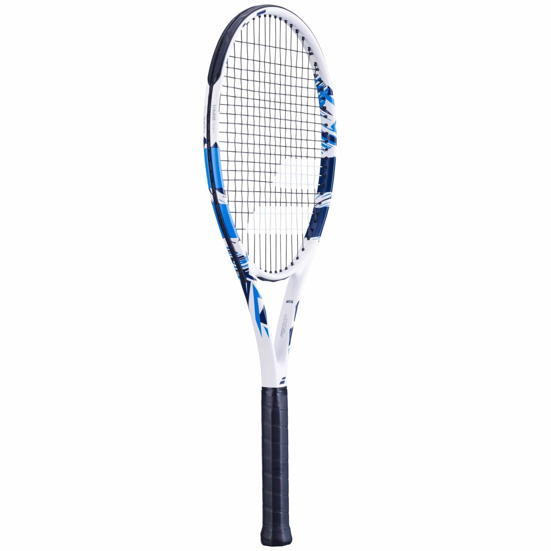 The Babolat Evoke Team Tennis Racket - White, by Babolat, is showcased against a plain white background. It sports a modern design ideal for beginners, featuring striking blue accents on the frame and a black grip handle.