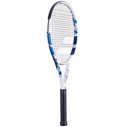 The Babolat Evoke Team Tennis Racket - White, by Babolat, is showcased against a plain white background. It sports a modern design ideal for beginners, featuring striking blue accents on the frame and a black grip handle.