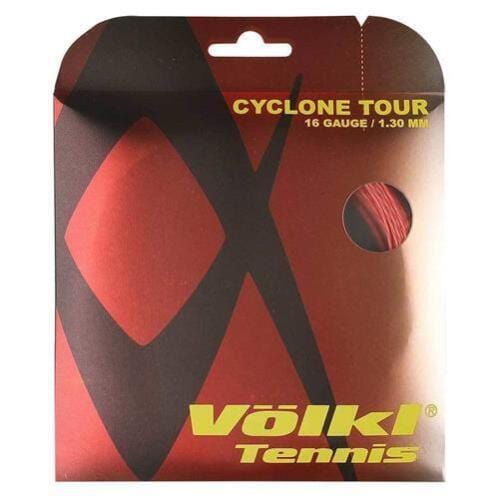 The packaging of the Volkl Cyclone Tour Tennis String Set - Red (12m) by Volkl showcases a bold red and black design, prominently featuring "Cyclone Tour" along with "16 Gauge / 1.30 mm." A small window allows you to see the string's color, which is engineered for players looking for enhanced spin and control due to its co-polymer string composition.