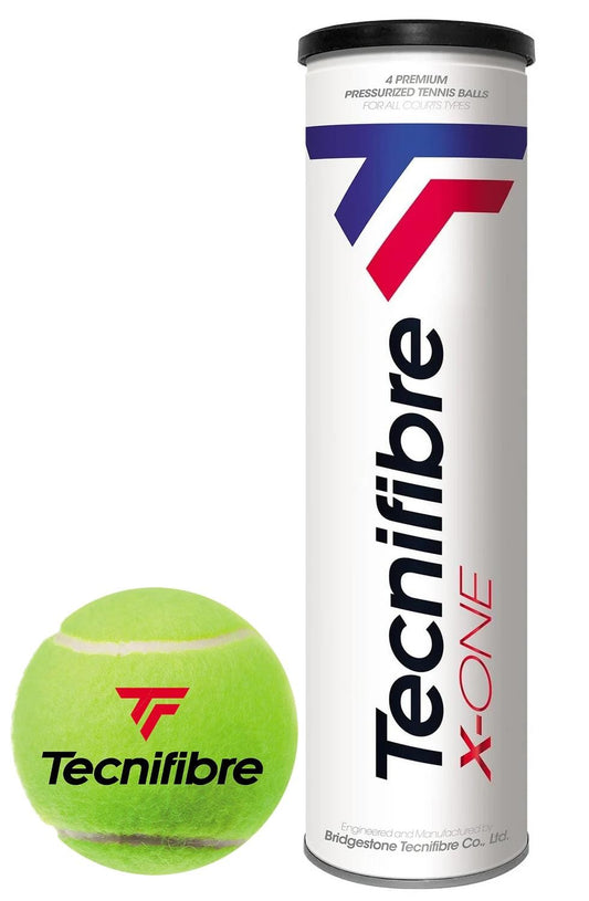 Image of a 4-ball tube labeled "Tecnifibre X-ONE Tennis Balls" next to a green tennis ball with the same branding, ideal for ATP tournaments. The tube displays a red and blue logo, while the tennis ball features a similar black logo, highlighting XD-Core technology for improved performance.