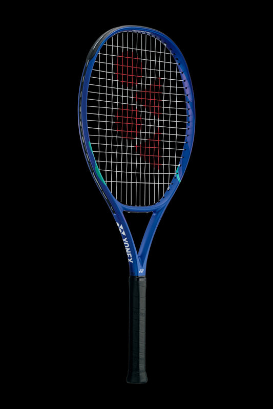 A Yonex EZONE 26 Junior Hybrid 2025 Tennis Racket in Blast Blue is displayed against a black background, ideal for young players. The strings have a red emblem at the center, while the handle features a sleek black graphite hybrid grip tape.