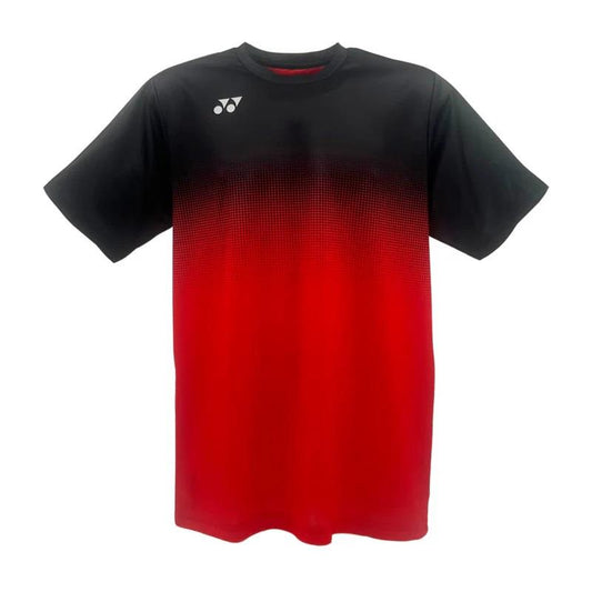 The Yonex YTM5 Men's Tennis T-Shirt in Red/Black features short sleeves and a gradient design with black on top transitioning to red. Made from moisture-wicking polyester, it includes a small white logo on the upper left chest for a sleek and lightweight look.