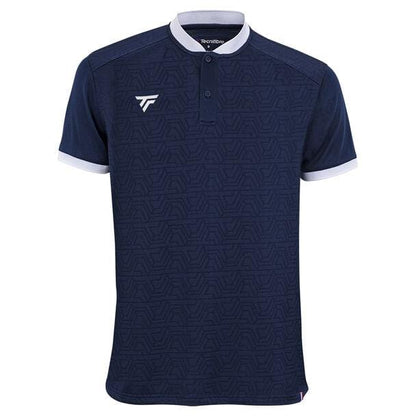 A marine-colored Tecnifibre Men's Team Tennis Mesh Polo Shirt, featuring a white collar and sleeve trim, made from polyester mesh. It showcases a geometric pattern and includes a small white Tecnifibre logo on the left chest.