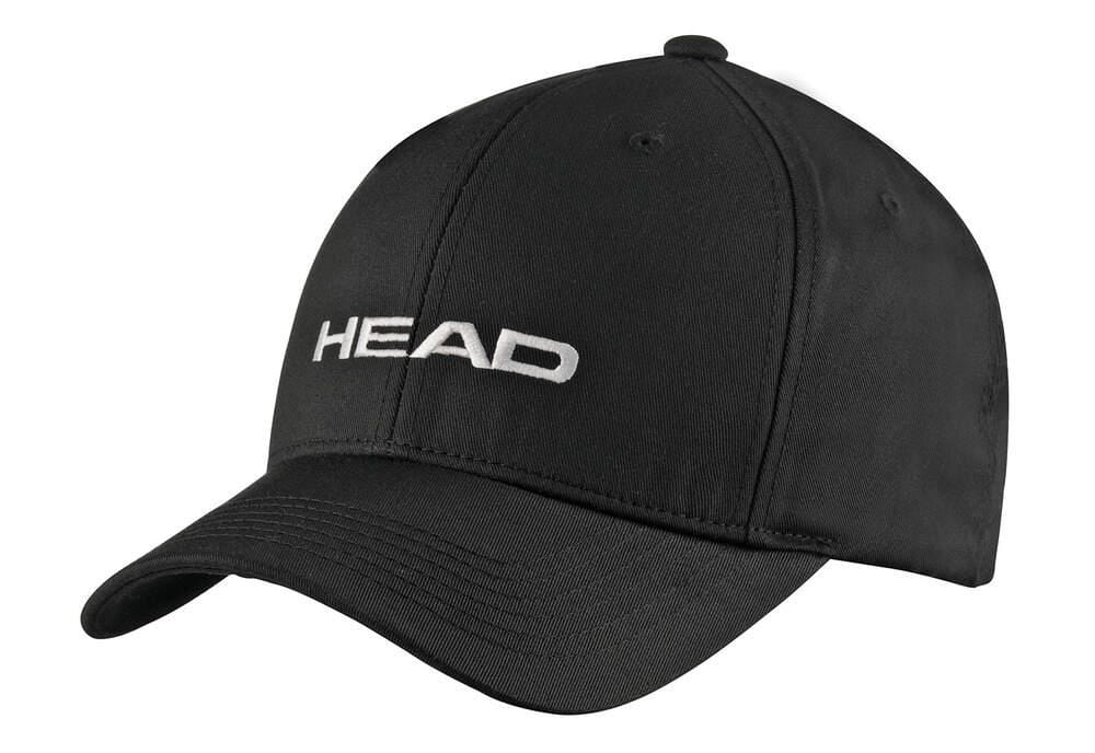 The HEAD Promotion Cap - Black showcases "HEAD" embroidered in white on the front and features a convenient velcro strap, as part of the HEAD Sportswear Collection.