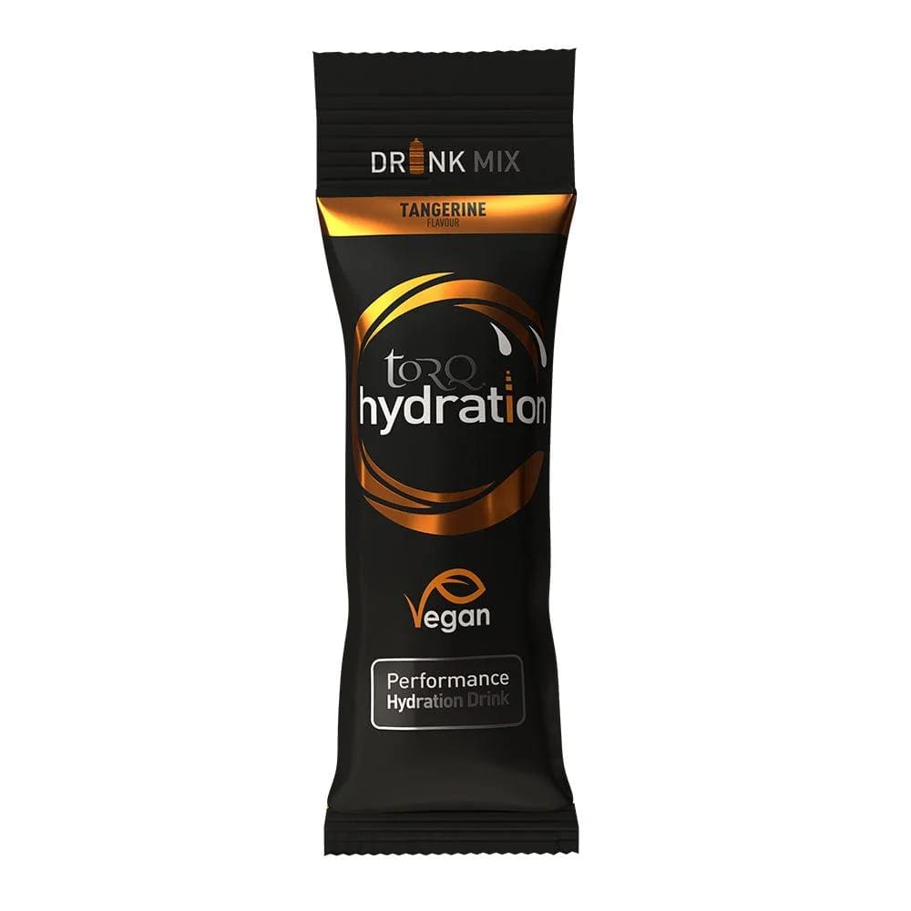 The Torq Hydration Sachet - Tangerine showcases striking black and orange packaging, highlighting its vegan-friendly formula, performance hydration benefits, and efficient electrolyte delivery due to its hypotonic formulation.