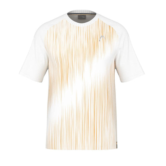 The HEAD Performance Men's Tennis T-Shirt - XPWH, designed by HEAD, showcases a vertical streak pattern in light beige and orange hues. It features short sleeves, a round neckline, and a subtle emblem on the chest. Crafted from lightweight, breathable fabric with Body Mapping Technology, this white athletic T-shirt enhances performance on the court.