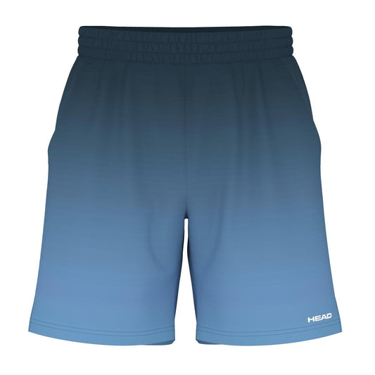 The HEAD Vision Power II Men's Tennis Shorts in navy/blue boast an elastic waistband and a small "HEAD" logo on the lower right leg. These athletic shorts provide 4-way stretch for full range of motion and are equipped with moisture transfer technology to keep you comfortably dry, all while maintaining a smooth fabric texture.