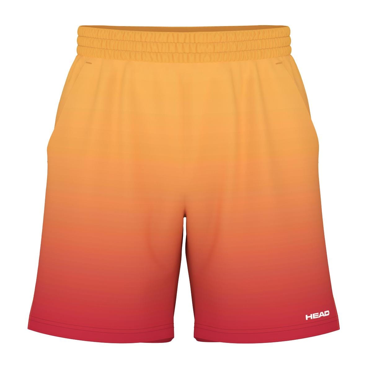 HEAD Vision Power II Men's Tennis Shorts in yellow and red come with an elastic waistband, a discreet white logo on the lower right leg, and are crafted using HEAD's Vision Power II technology. The design includes 4-way stretch and moisture-transfer microfiber to provide comfort and mobility for active endeavors.