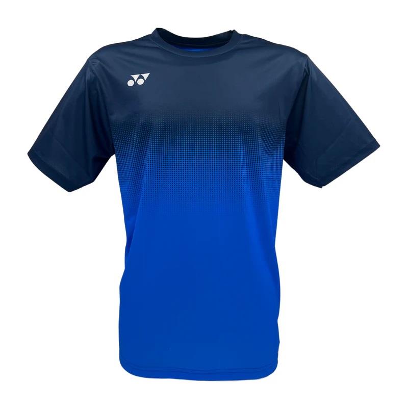 The Yonex YTM5 Men's Tennis T-Shirt in Royal/Navy features moisture-wicking polyester, a blue gradient design, crew neck, short sleeves, and a small logo on the upper left chest for style and optimal court performance.