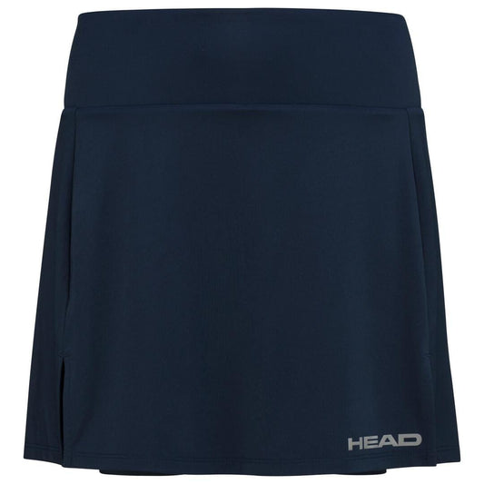 A dark blue athletic tennis skort from the HEAD brand, featuring their logo on the bottom right corner. It showcases a sleek design with a small side slit and incorporates advanced sportswear technology with moisture-transfer microfibre for enhanced comfort.