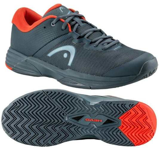 Introducing the HEAD Revolt Evo 2.0 Men's Wide Fit Tennis Shoes in Dark Grey and Orange. These stylish shoes are designed with ample cushioning and a textured sole for excellent grip, featuring a distinctive branded logo. The herringbone-patterned sole ensures superior traction on the court, making them ideal for tennis enthusiasts seeking an extra-wide fit.