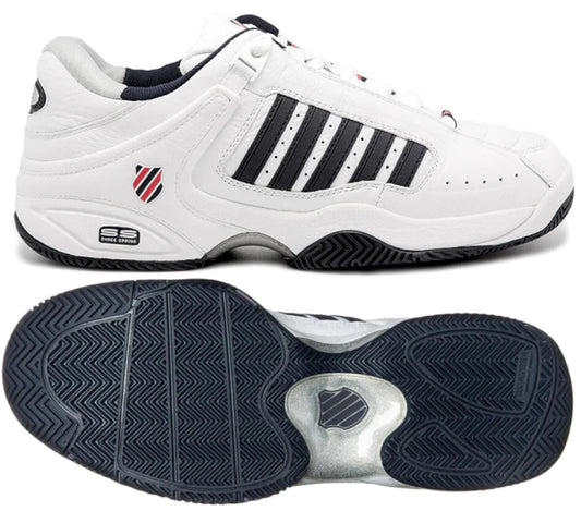 The K-Swiss Defier RS Men's Tennis Shoes in White, Dress Blue, and Fiery Red feature a stylish design with black stripes and a logo on the side. These shoes include a textured sole for enhanced durability, as highlighted in a separate image. The sleek design boasts a visible tread pattern to provide superior stability and grip.