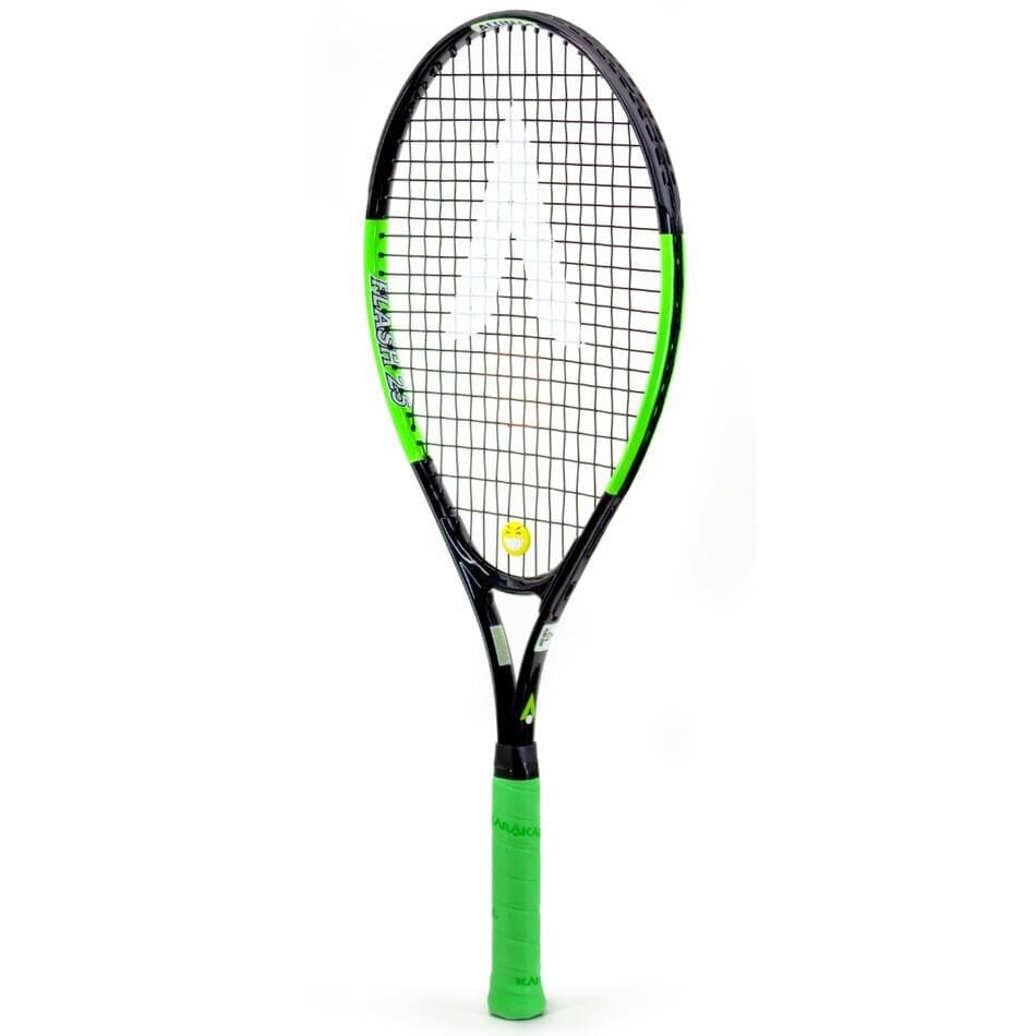 The Karakal Flash 25 Junior Tennis Racket in green and black is designed for young players, made from robust 7050 Alumag Alloy. It boasts a sleek design with a subtle logo and a yellow emblem on the strings, accented by a vibrant green grip for improved playability.