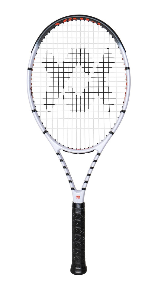 The Volkl Vostra V6 Tennis Racket - White, by Volkl, is a top-tier racket with a black grip and a sleek white frame. The strings create an eye-catching logo and the black and red accents on the frame add to its energetic aesthetic. Designed for optimal tension, the strings provide a catapult effect with each swing.