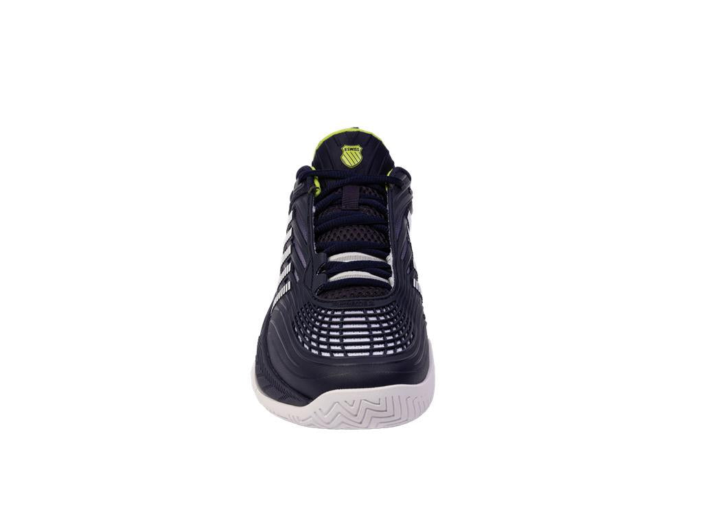 Front view of a K-Swiss Hypercourt Supreme 2 men's tennis shoe in peacoat, white, and lime, showcasing the dark hue with white accents and a wavy textured sole. The tongue displays a lime circular logo, while the black laces are upgraded with Durawrap X technology. Presented against a plain white background to highlight its features.