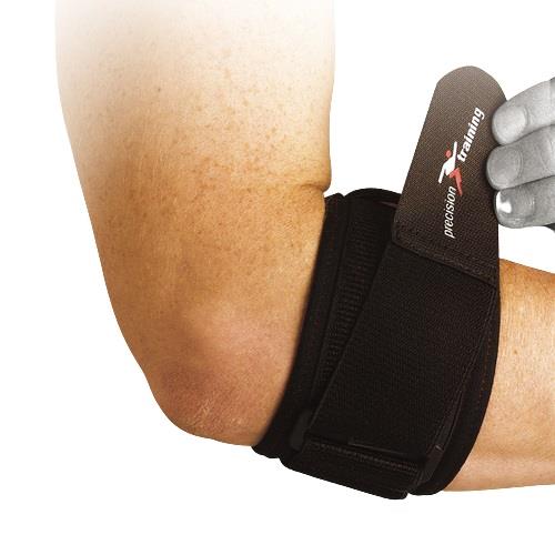 A person fitting a Precision Neoprene Tennis Elbow Strap, featuring a black neoprene material and velcro fastening. This brace, designed by Precision for optimal support in cases of overuse injuries, snugly encircles the elbow joint to provide both support and compression.