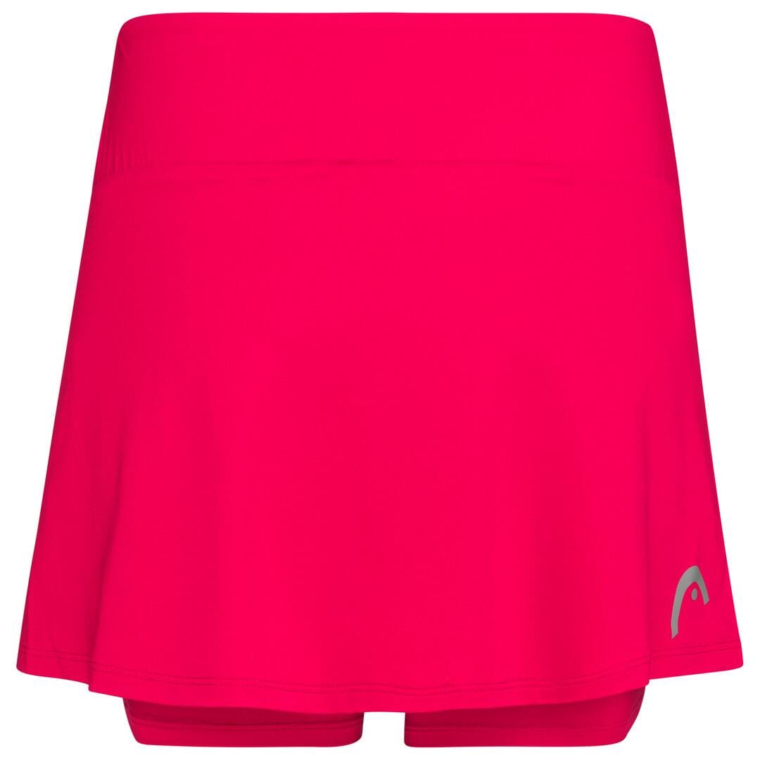 The HEAD Women's Club Basic Tennis Skort in magenta features a subtle logo on the lower right side. This skort includes a smooth waistband and a flared, slightly pleated skirt over fitted shorts, and is crafted with Moisture Transfer Microfibre to ensure comfort on the court.